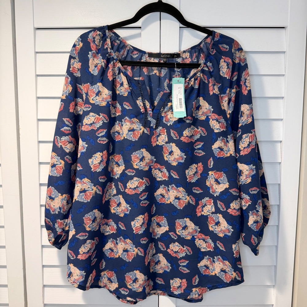 Fun2Fun Navy Floral  Aleta Lattice Detail Blouse Long Sleeve XL New‎ with Tags